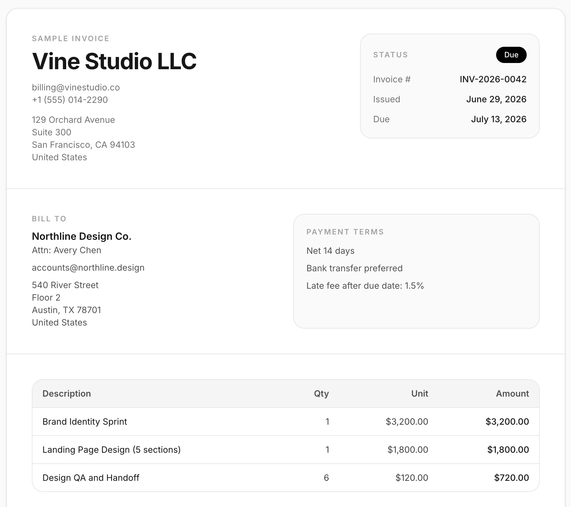 Invoicing by Vine preview